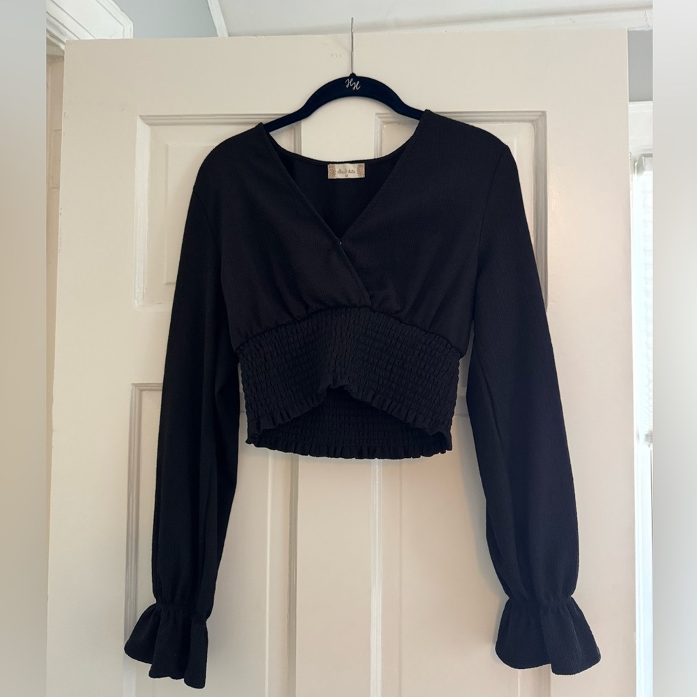 Altar'd State Black Smocked Long Sleeve Blouse